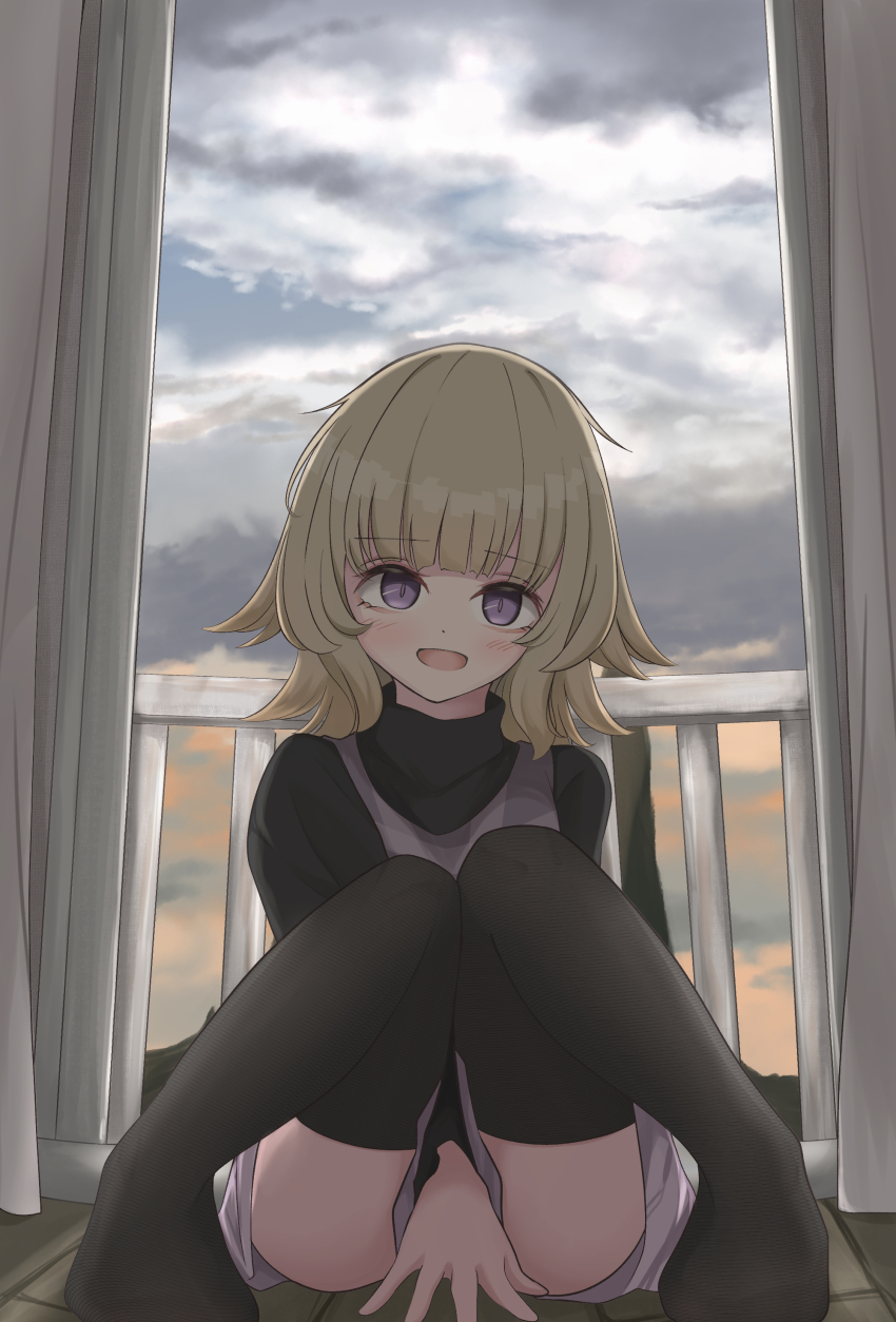1girl absurdres balcony between_legs black_sweater black_thighhighs blonde_hair blunt_bangs cloud cloudy_sky commentary_request covering_privates grey_sweater_vest grey_vest hair_flaps hand_between_legs highres knees_together_feet_apart looking_at_viewer medium_hair mitarashi_dayo no_shoes open_mouth plaid_clothes plaid_vest purple_eyes sitting skirt sky smile solo sweater sweater_vest thighhighs thighs turtleneck turtleneck_sweater urotsuki vest white_skirt yume_2kki zettai_ryouiki