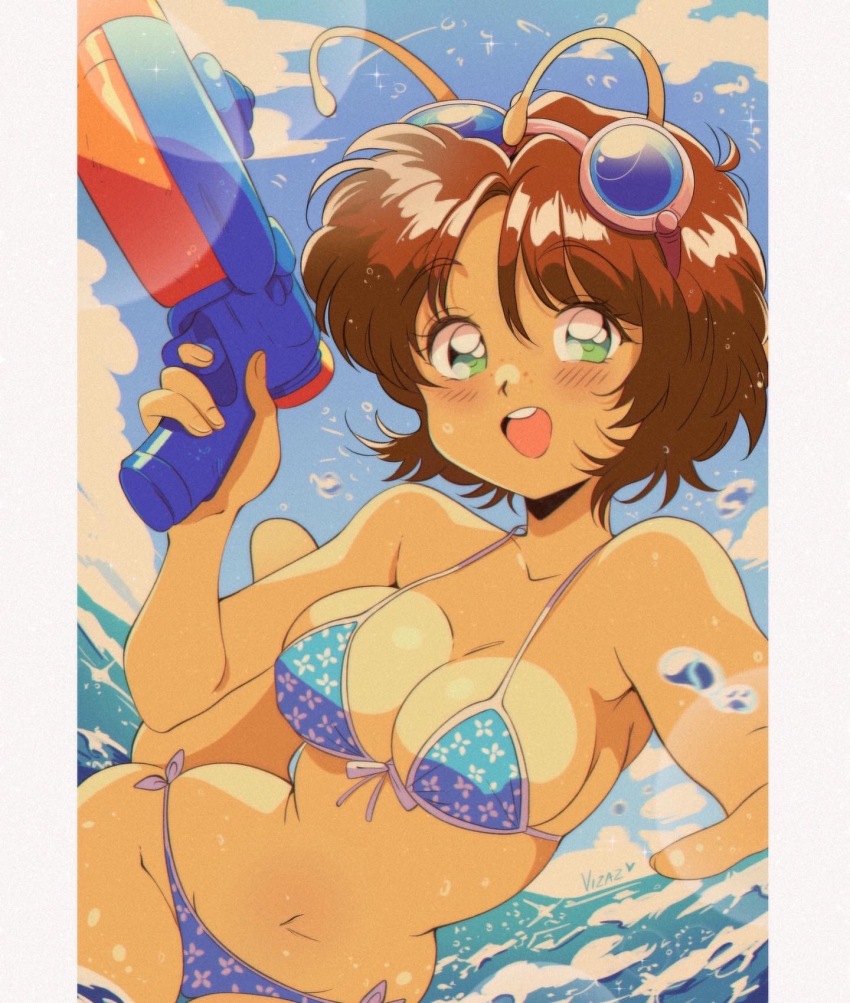 1990s_(style) 1girl antennae artist_name bikini blue_bikini blue_sky blush border breasts brown_hair character_request cleavage collarbone copyright_request front-tie_bikini_top front-tie_top goggles goggles_on_head green_eyes highres holding holding_water_gun large_breasts looking_at_viewer navel ocean open_mouth pillarboxed retro_artstyle short_hair side-tie_bikini_bottom sky smile solo swimsuit teeth upper_body upper_teeth_only vizaz water water_drop water_gun white_border