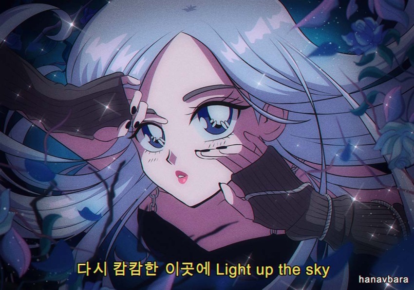1990s_(style) 1girl animification artist_name black_nails blackpink blue_eyes blush commentary gloves grey_hair hanavbara k-pop long_hair looking_at_viewer lyrics parted_lips pink_lips real_life retro_artstyle rose_(blackpink) solo sparkle