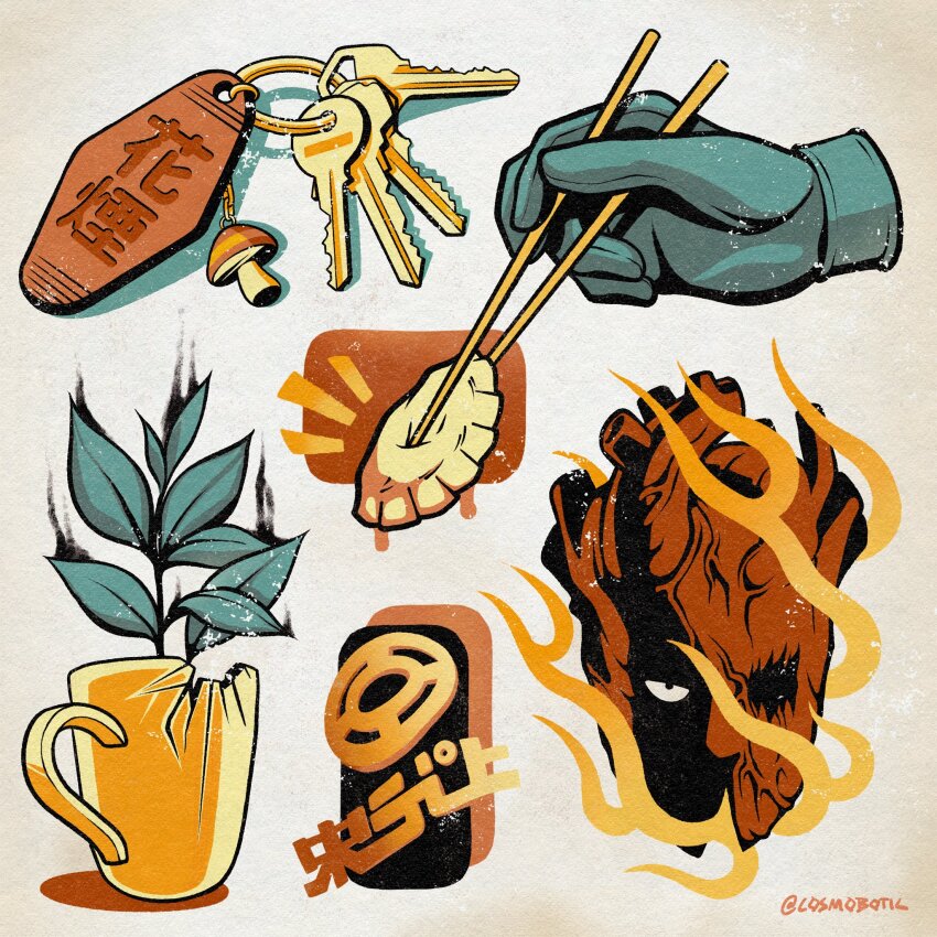 1boy charm_(object) chopsticks crack csmbtc cup disembodied_hand dorohedoro dumpling fire food gloves heart_(organ) highres holding holding_chopsticks jiaozi keyring male_focus mug mushroom plant shin_(dorohedoro) translation_request twitter_username