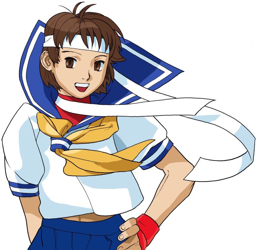 1girl :d arm_behind_back bengus blue_sailor_collar brown_eyes brown_hair facing_viewer game_cg hand_on_own_hip headband highres kasugano_sakura midriff navel non-web_source official_art open_mouth portrait red_undershirt sailor_collar school_uniform serafuku short_hair simple_background smile solo street_fighter street_fighter_zero_(series) teeth undershirt upper_body upper_teeth_only v-shaped_eyebrows white_background white_headband