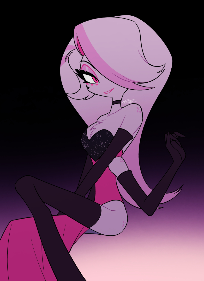 1boy absurdres angel_dust arthropod_boy crossdressing crossdressing_(mtf) dark_background dress elbow_gloves extra_arms eyeshadow gloves hazbin_hotel hellaverse highres invisible_chair long_hair looking_at_viewer makeup menma_(enaic31) multicolored_hair official_alternate_costume pink_eyes pink_eyeshadow sitting smile solo spider_boy streaked_hair thighhighs white_fur white_hair