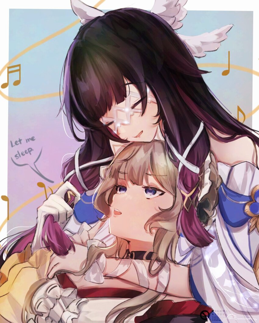 2girls bare_shoulders beamed_eighth_notes black_hair brown_hair columbina_(genshin_impact) commentary dress english_commentary english_text genshin_impact gloves hand_in_another&#039;s_hair highres multiple_girls musical_note open_mouth parted_lips purple_eyes purple_streaks quarter_note sandrone_(genshin_impact) smile speech_bubble umuroo_draws white_dress white_gloves yuri