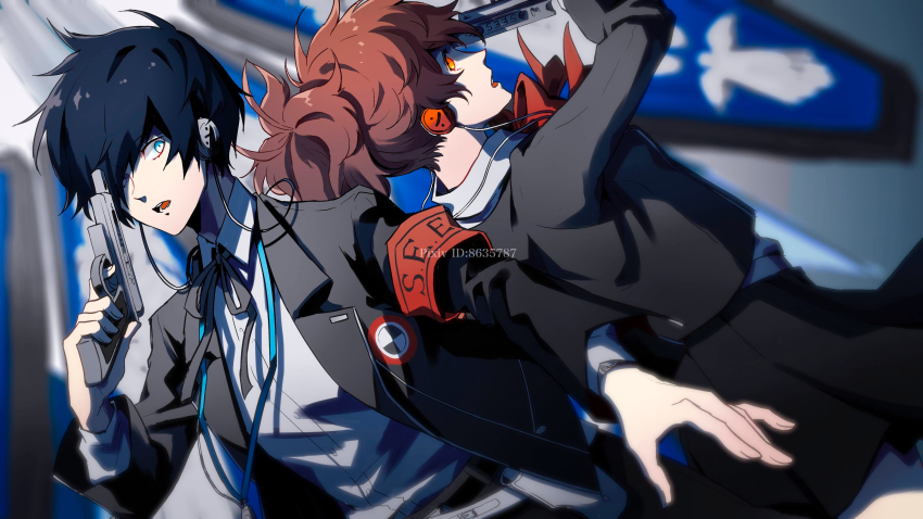 1boy 1girl absurdres blue_eyes blue_hair eme_(204) evoker gekkoukan_high_school_uniform hair_over_one_eye headphones highres persona persona_3 red_eyes red_hair red_ribbon ribbon s.e.e.s school_uniform shiomi_kotone short_hair simple_background skirt yuuki_makoto_(persona_3)
