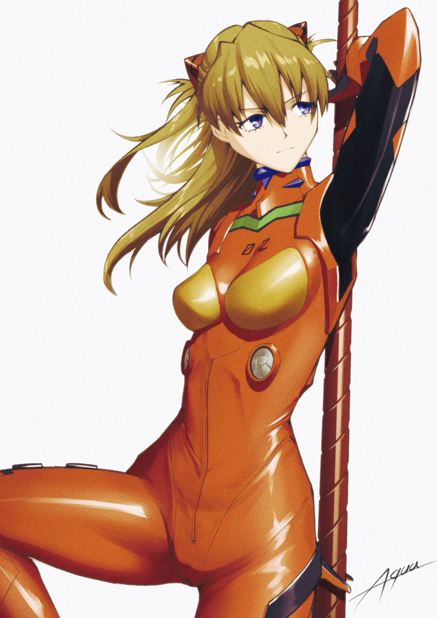 1girl bodysuit brown_hair curvy grey_eyes hairpods highres holding holding_lance holding_polearm holding_weapon illust_aqua lance long_hair mecha_pilot_suit neon_genesis_evangelion plugsuit_(evangelion) polearm red_bodysuit shiny_clothes signature simple_background solo souryuu_asuka_langley weapon white_background wide_hips