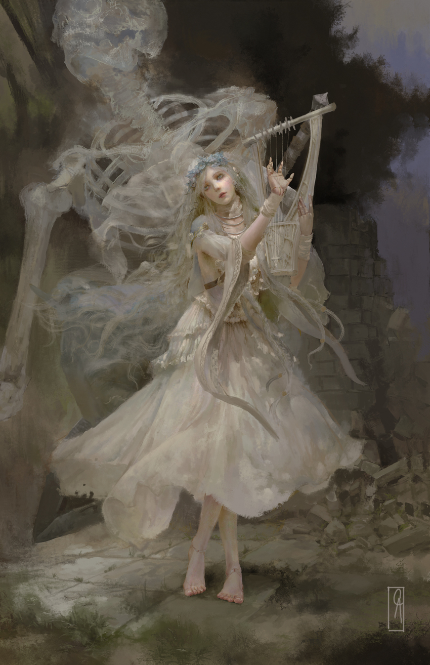 1girl barefoot blue_eyes braid christian_angel cracked_skin doll_joints dress elden_ring elden_ring_nightreign flower_wreath full_body head_wreath highres holding holding_instrument holding_lyre instrument jewelry joints long_hair low_twin_braids lyre outdoors painterly revenant_(elden_ring) ruins signature skeleton spirit standing tree twin_braids veil very_long_sleeves white_dress white_hair white_veil