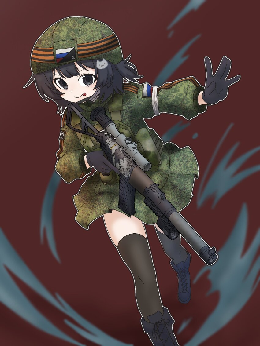 1girl :p army as_val assault_rifle bandaged_arm bandages black_boots black_eyes black_gloves black_hair boots cat_hair_ornament chin_strap combat_helmet gloves gun hair_ornament helmet highres jephy_0 kalashnikov_rifle lace-up_boots load_bearing_vest military_combat_uniform military_uniform original pleated_skirt ribbon_of_saint_george rifle running russian_flag russian_ground_forces scope skirt thighhighs tongue tongue_out trigger_discipline weapon z_(russian_symbol) zettai_ryouiki