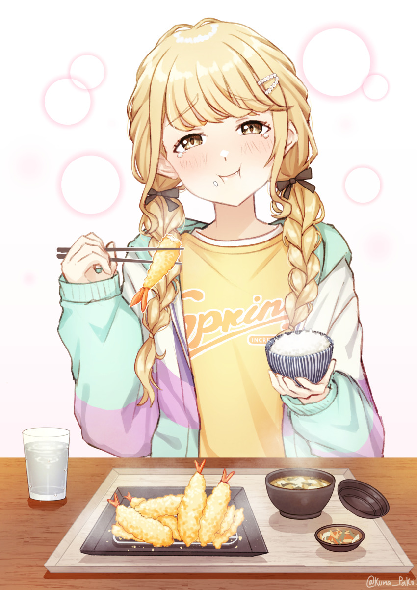 1girl :i absurdres blonde_hair blush bowl braid chopsticks cup food food_on_face fujita_kotone gakuen_idolmaster hair_ribbon highres holding holding_bowl holding_chopsticks idolmaster jacket kumapako long_hair looking_at_viewer miso_soup multicolored_jacket ribbon rice shirt shrimp shrimp_tempura solo steam tears tempura twin_braids water yellow_eyes yellow_shirt