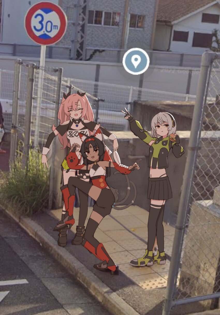 3girls anby_demara animal_ear_fluff black_gloves black_skirt blush brown_eyes burger cat_girl cat_tail chirun0 closed_eyes facial_mark food forehead_mark full_body gloves hair_between_eyes high_school_girls_posing_for_google_street_view_(meme) highres holding holding_burger holding_food looking_at_viewer meme midriff multiple_girls multiple_tails navel nekomiya_mana nicole_demara parted_bangs red_eyes short_hair sidelocks skirt smile standing tail two_tails v v-shaped_eyebrows white_hair zenless_zone_zero