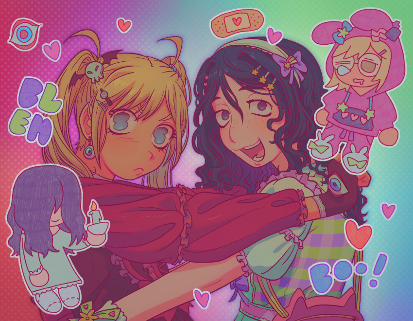 2girls animal_hood bag bandaid black_hair blonde_hair blue_eyes candle chibi closed_mouth commentary dress english_commentary eyeball_earrings fingerless_gloves freckles gloves gradient_background hair_ornament hair_over_eyes hairclip heart highres hood hood_up hoodie long_hair long_sleeves looking_at_viewer makino_arisu metukika multiple_girls open_mouth pink_hoodie purple_eyes rabbit_hood rifuta_imu saiki_kusuo_no_psi_nan short_sleeves skull_hair_ornament smile striped_clothes striped_dress twintails upper_body