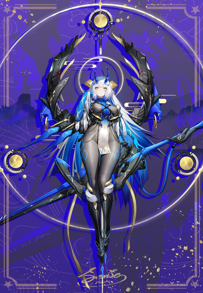 1girl absurdres artist_name black_bodysuit black_boots blue_hair blue_horns bodysuit boots breasts crosscore dk.senie full_body green_eyes highres holding holding_behind_back holding_weapon_behind_back horns lance large_breasts looking_at_viewer mechanical_wings pelvic_curtain polearm purple_background solo weapon white_hair wings