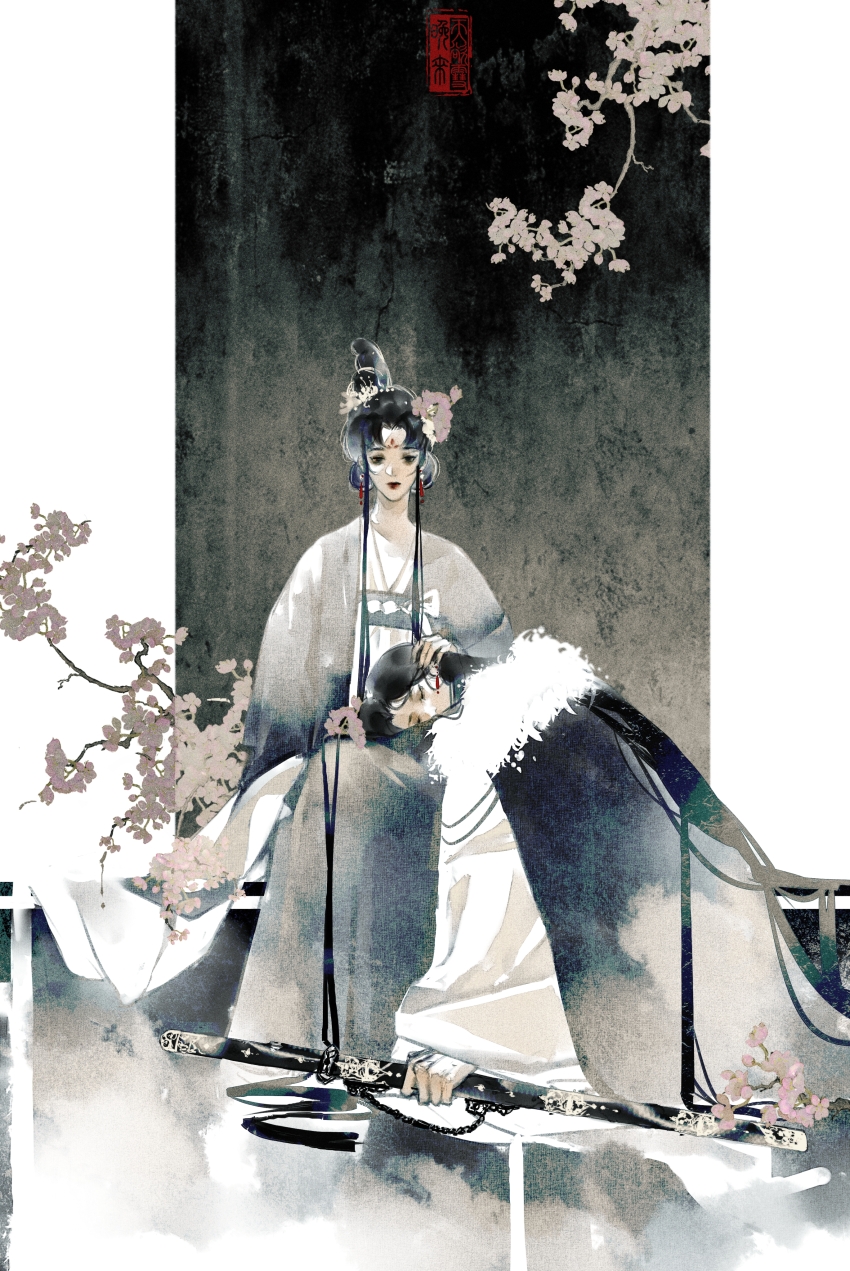 1boy 1girl absurdres bai_cha black_eyes black_hair branch chain chinese_clothes chinese_commentary cloak closed_eyes closed_mouth earrings flower full_body fur-trimmed_cloak fur_trim hair_flower hair_ornament hanfu hezi highres holding holding_sword holding_weapon huadian jewelry lap_pillow lipstick long_hair long_sidelocks long_sleeves looking_at_viewer makeup mother_and_son on_lap pink_flower qiang_jin_jiu qixiong_ruqun red_lips sheath sheathed shen_zechuan sidelocks sitting spiderthread sword teardrop_earrings weapon wide_sleeves