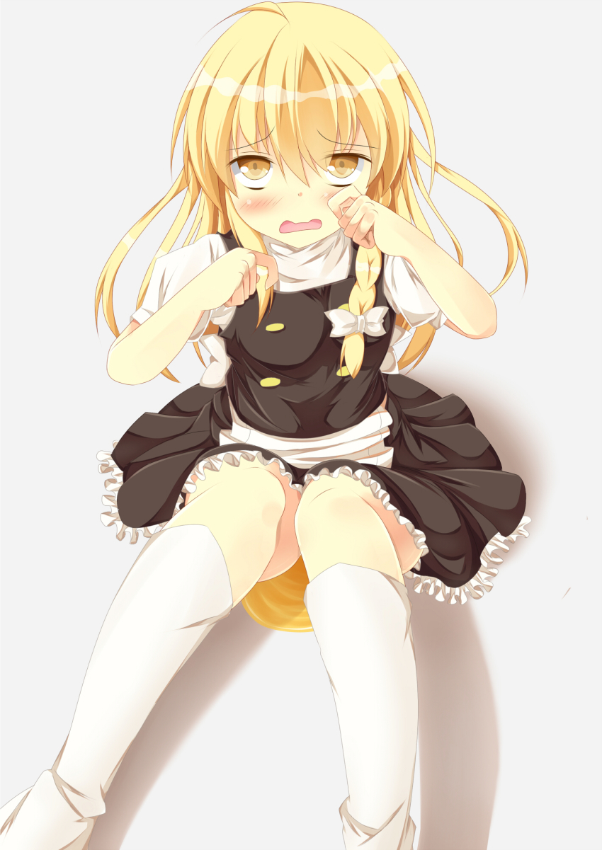 1girl black_skirt black_vest blonde_hair blush bow braid breasts commentary_request cookie_(touhou) feet_out_of_frame frilled_skirt frills hair_bow highres kirisame_marisa kneehighs long_hair looking_at_viewer medium_breasts no_headwear open_mouth pee peeing peeing_self puffy_short_sleeves puffy_sleeves shirt short_sleeves side_braid simple_background single_braid skirt socks solo szk touhou turtleneck uzuki_(cookie) vest white_background white_bow white_shirt white_socks yellow_eyes