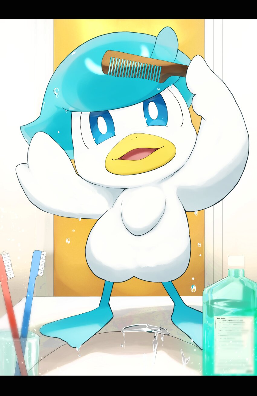 absurdres blue_eyes blue_hair bright_pupils comb highres looking_at_viewer mouthwash nintendo no_humans open_mouth pokemon pokemon_(creature) quaxly sink smile standing toothbrush water white_pupils yuu_(yuu777hh)