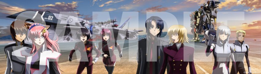 3girls 5boys absurdres angel athrun_zala blonde_hair blue_hair bob_cut bodysuit brown_hair buttons cagalli_yula_athha cloud dark-skinned_male dark_blue_hair dark_skin dearka_elsman evening facing_another facing_away facing_to_the_side formal_clothes grey_hair gundam gundam_seed gundam_seed_destiny gundam_seed_freedom hair_ornament hairpin helmet highres hirai_hisashi_(style) holding holding_helmet jacket kira_yamato kneehighs lacus_clyne long_hair long_sleeves looking_at_another looking_to_the_side lunamaria_hawke medium_hair military military_jacket military_uniform multicolored_hair multiple_boys multiple_girls multiple_views official_art orb parted_bangs pink_hair ponytail purple_hair robot running sample_watermark shinn_asuka sky smile smirk socks standing suit swept_bangs upper_body watermark yzak_joule zaft_uniform