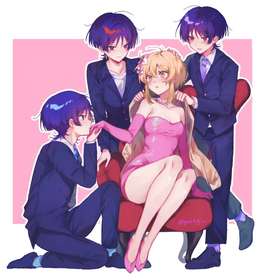 1girl 3boys alternate_costume black_jacket black_pants black_shoes black_sleeves blonde_hair blue_hair blue_necktie blue_socks blunt_ends border breasts cleavage closed_mouth collarbone contemporary couch double-parted_bangs dress dress_pants earrings elbow_gloves eyelashes eyeliner eyeshadow flower formal_clothes genshin_impact gloves grey_flower hair_between_eyes hair_flower hair_intakes hair_ornament hand_on_another&#039;s_head highres jacket jacket_on_shoulders jewelry kiss kissing_hand knee_up layered_sleeves legs_together light_blush long_sleeves looking_at_another loose_hair_strand lumine_(genshin_impact) makeup male_harem medium_breasts multicolored_flower multicolored_hair multiple_boys multiple_persona necklace necktie on_one_knee pants parted_lips pearl_necklace pink_background pink_dress pink_flower pink_gloves pink_shoes purple_eyes purple_hair purple_necktie red_eyeliner red_eyeshadow red_hair red_lips scaramouche_(genshin_impact) scaramouche_(kabukimono)_(genshin_impact) shirt shoes short_hair short_hair_with_long_locks sidelocks sitting smile socks standing strapless strapless_dress streaked_hair suit_jacket twitter_username wanderer_(genshin_impact) white_border white_mouth white_shirt white_sleeves white_undershirt yellow_eyes yunhhj