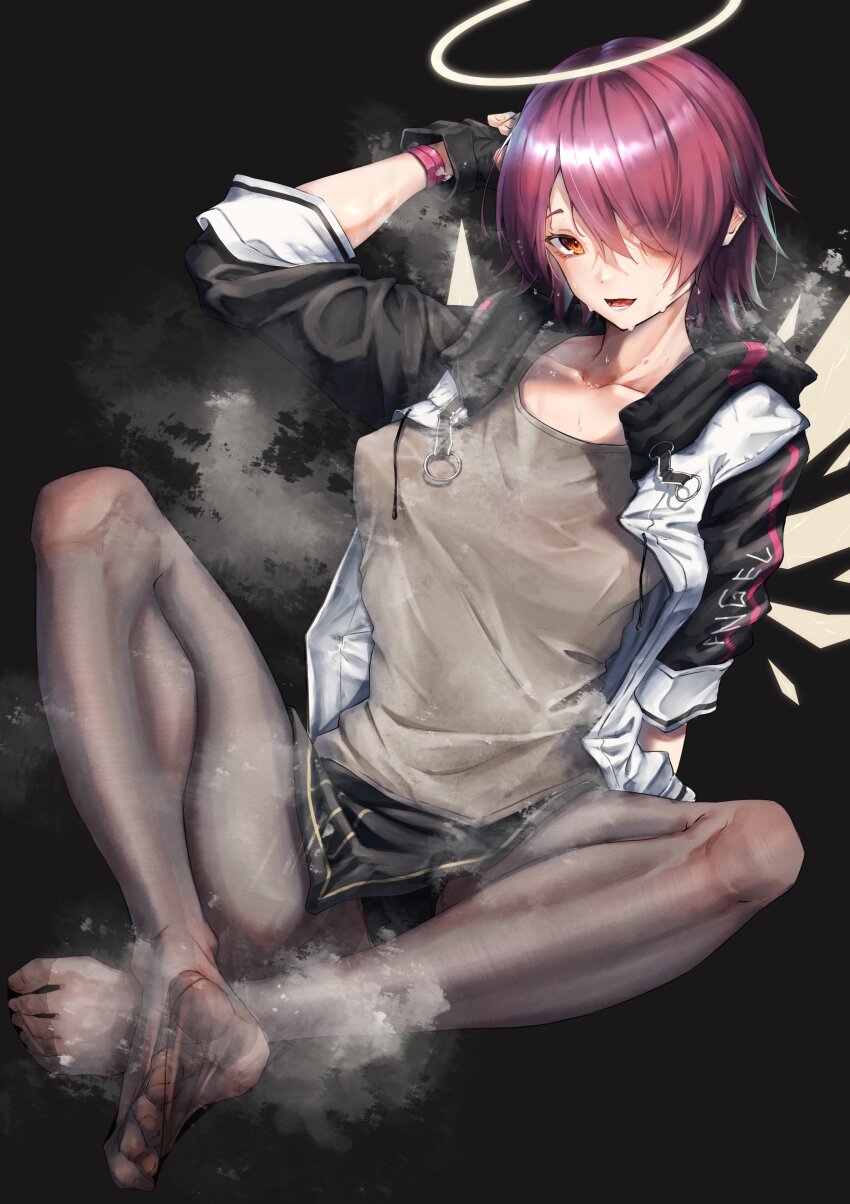 1girl absurdres angel arknights black_pantyhose crossed_legs detached_wings energy_wings exusiai_(arknights) fingerless_gloves full_body gloves grey_shirt hair_over_one_eye halo highres jacket kuromu looking_at_viewer multicolored_jacket no_shoes open_clothes open_jacket pantyhose raglan_sleeves red_hair shirt short_hair simple_background sitting steaming_body sweat toes traditional_halo two-tone_jacket white_jacket wings