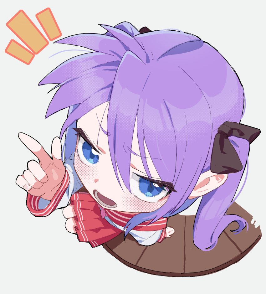 1girl acaa blue_eyes blush foreshortening from_above highres hiiragi_kagami index_finger_raised long_hair looking_at_viewer lucky_star open_mouth purple_hair ryouou_school_uniform school_uniform serafuku sitting skirt solo twintails