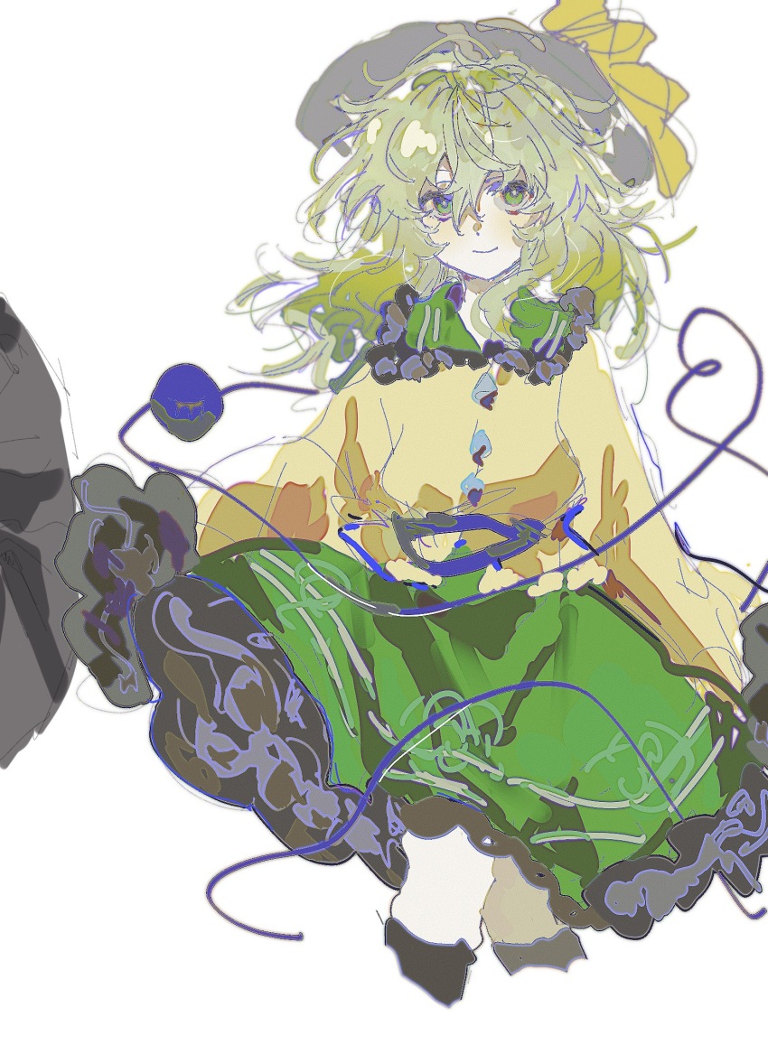 1girl black_hat black_socks chinese_commentary closed_mouth collared_shirt commentary_request frilled_shirt_collar frills green_eyes green_hair green_skirt hat hat_ribbon highres huangdouliuhan komeiji_koishi long_hair long_sleeves looking_at_viewer ribbon shirt sketch skirt sleeves_past_fingers sleeves_past_wrists smile socks solo touhou yellow_ribbon yellow_shirt