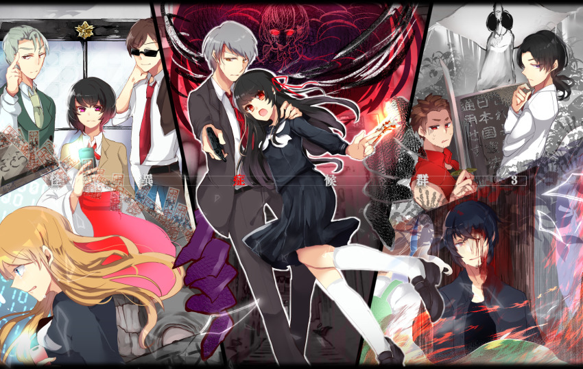 4girls 6+boys black_hair black_serafuku blood blood_on_face blue_eyes blunt_bangs brown_hair coat formal_clothes grey_hair gun hair_ribbon handgun highres himeno_mikoto himuro_hitoshi holding holding_gun holding_weapon injury kaga_tsuyoshi kaii_shoukougun kaii_shoukougun_3 kajiro_haruko kajiro_yuka kanamori_hinako kirisaki_shouta kogure_shinichi lab_coat long_hair medium_hair multiple_boys multiple_girls nakagawa_ryousuke necktie ofuda ponytail red_vest ribbon school_uniform serafuku short_hair siblings sisters sunglasses takagi_kenji tan tears vest weapon white_coat