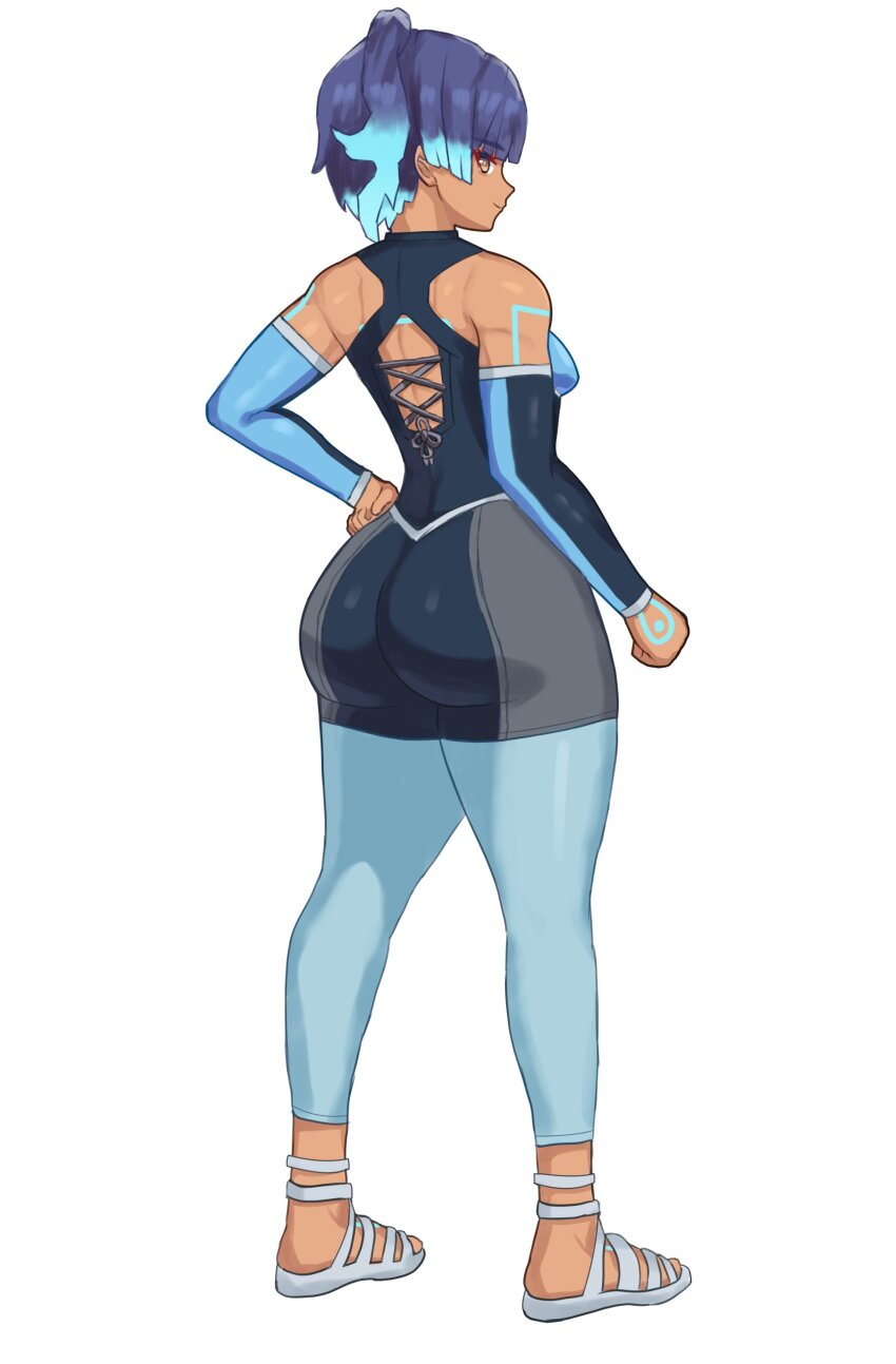 1girl ass ass_focus bare_shoulders blue_hair breasts dark_skin detached_sleeves djames flaming_hair from_behind gradient_hair huge_ass looking_at_viewer looking_back multicolored_hair ponytail sena_(xenoblade) short_hair side_ponytail sideboob smile solo thick_thighs thighs unitard xenoblade_chronicles_(series) xenoblade_chronicles_3