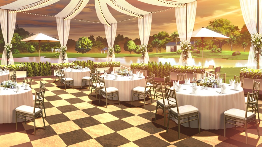 bouquet bush chair checkered_floor flower folded_napkin glowing highres house lake no_humans non-web_source official_art our_life our_life:_beginnings_and_always outdoors plant poppy_(flower) potted_plant reflection reflective_water scenery sunset table tablecloth tent tile_floor tiles umbrella variant_set white_flower wooden_chair