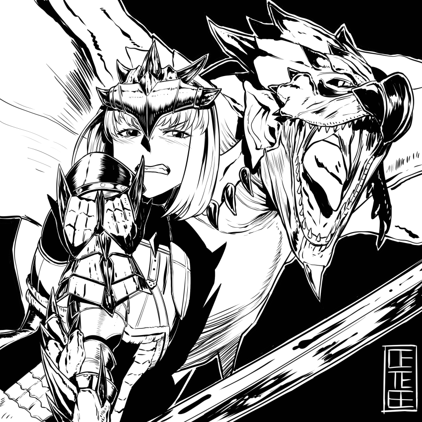 1girl absurdres armor blush capcom cete_(controllingtime) female_focus greyscale highres monochrome monster_hunter:_world monster_hunter_(series) rathalos rathalos_(armor) short_hair solo sword weapon