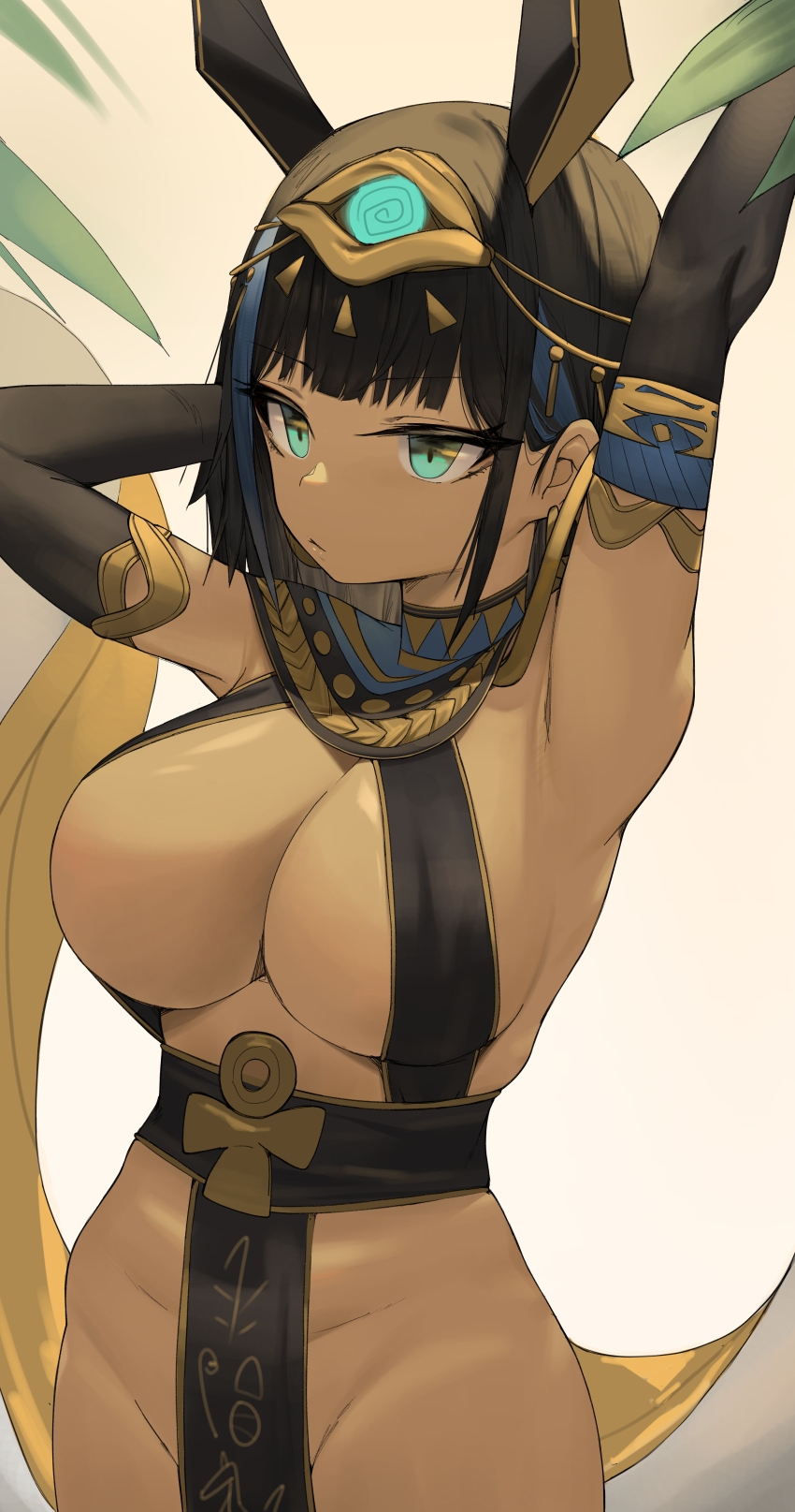 1girl absurdres ancient_egyptian_clothes animal_ears aqua_eyes armpits arms_up black_gloves black_hair blue_hair blunt_bangs breasts cleavage commission cowboy_shot dark-skinned_female dark_skin egyptian_mythology elbow_gloves gloves hair_ornament highres large_breasts multicolored_hair no_panties original pelvic_curtain revealing_clothes second-party_source set_(mythology) set_(romana) solo streaked_hair tonki