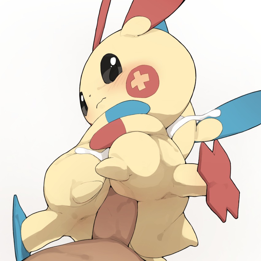 1boy 2girls animal_ears anus bisexual_female black_eyes blush closed_mouth colored_sclera cooperative_grinding cum cum_on_body dark-skinned_male dark_skin ejaculation erection from_below furry gen_3_pokemon grey_background grey_sclera grinding hetero highres hug looking_down minun multiple_girls nintendo orgasm penis plusle pokemon pokemon_(creature) pussy simple_background spread_legs tail teamwork_(sexual) uncensored youjo_modoki
