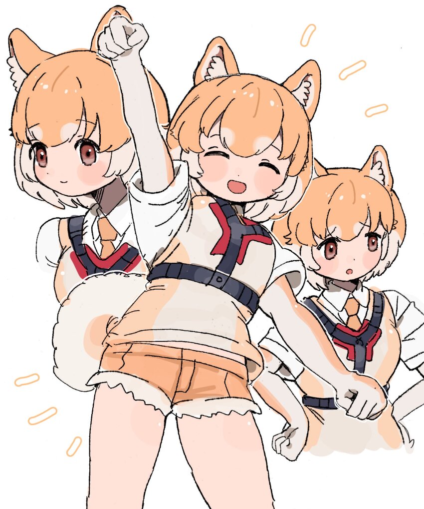 010mzam 1girl animal_ears arm_up blush brown_shorts brown_vest clenched_hand closed_eyes collared_shirt cowboy_shot cutoffs dog_(shiba_inu)_(kemono_friends) dog_ears dog_girl dog_tail hair_between_eyes hands_on_own_hips harness highres kemono_friends light_brown_hair multicolored_hair multiple_views necktie open_mouth orange_necktie shirt short_shorts shorts sidelocks smile t-shirt tail vest white_hair white_shirt