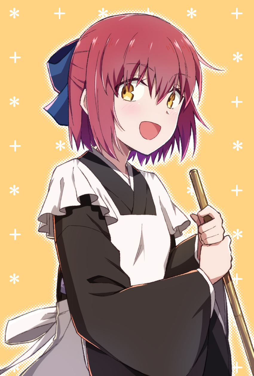 1girl apron azami_masurao black_kimono blue_bow bow broom commentary_request hair_between_eyes hair_bow half_updo highres holding holding_broom japanese_clothes kimono kohaku_(tsukihime) looking_at_viewer maid maid_apron open_mouth red_hair short_hair smile solo tsukihime wa_maid white_apron wide_sleeves yellow_background yellow_eyes