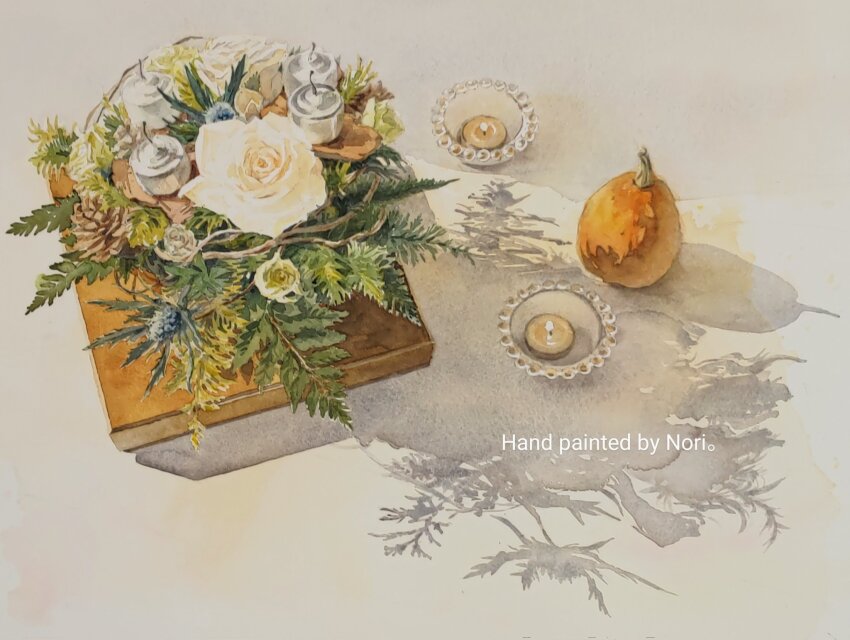 artist_name box branch candle english_text flower food fruit highres leaf lit_fuse no_humans nori02222 original painting_(medium) pumpkin rose seed shadow still_life sunlight traditional_media watercolor_(medium) white_background white_flower white_rose