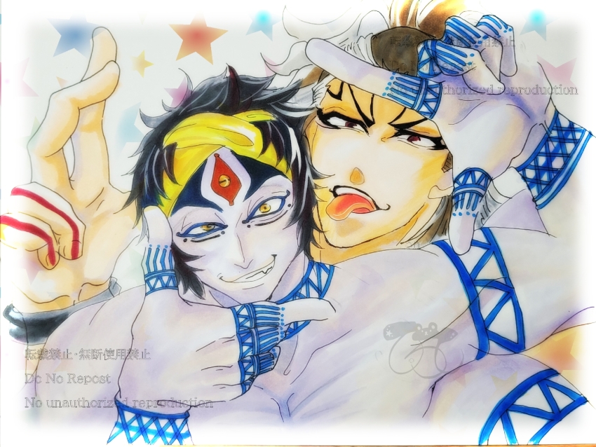 2boys arm_tattoo bandana black_hair blue_tattoo clenched_teeth collarbone colored_skin extra_arms extra_eyes fangs finger_frame hand_on_own_shoulder hands_up looking_at_viewer male_focus multicolored_hair multiple_boys multiple_eyes open_mouth peace pectorals ponytail raiden_tameemon_(shuumatsu_no_valkyrie) red_tattoo shirtless_male shiva_(shuumatsu_no_valkyrie) short_hair shoulder_tattoo shuumatsu_no_valkyrie star_(symbol) star_symbol_background streaked_hair tattoo teeth thick_eyebrows third_eye tongue tongue_out topless_male two-tone_hair uneven_eyes upper_body upper_teeth_only v white_hair wrist_tattoo yellow_bandana yellow_eyes