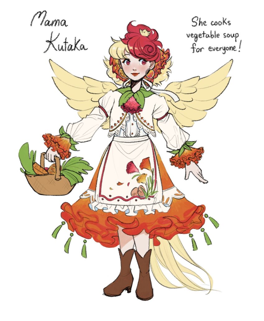 1girl adapted_costume apron basket bird_girl bird_tail bird_wings blonde_hair boots brown_boots buttons carnelscorner center_frills character_name closed_mouth commentary earrings english_commentary english_text frilled_apron frills full_body high_heel_boots high_heels highres holding holding_basket hoop_earrings jewelry long_sleeves multicolored_hair niwatari_kutaka orange_skirt red_eyes red_hair red_lips ribbon shirt short_hair skirt smile solo tail tassel touhou two-tone_hair white_apron white_ribbon white_shirt wings yellow_wings