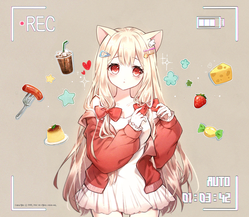 1girl animal_ears bare_shoulders bendy_straw blonde_hair blush bow brown_background candy_wrapper cat_ears cheese collarbone commentary_request commission cup danby_merong disposable_cup dress drink drinking_straw food fork fruit hair_bow hair_ornament hairclip hands_up heart highres jacket long_hair long_sleeves off_shoulder open_clothes open_jacket original parted_lips pudding puffy_long_sleeves puffy_sleeves red_bow red_eyes red_jacket simple_background sleeveless sleeveless_dress solo sparkle star_(symbol) strawberry very_long_hair viewfinder white_dress