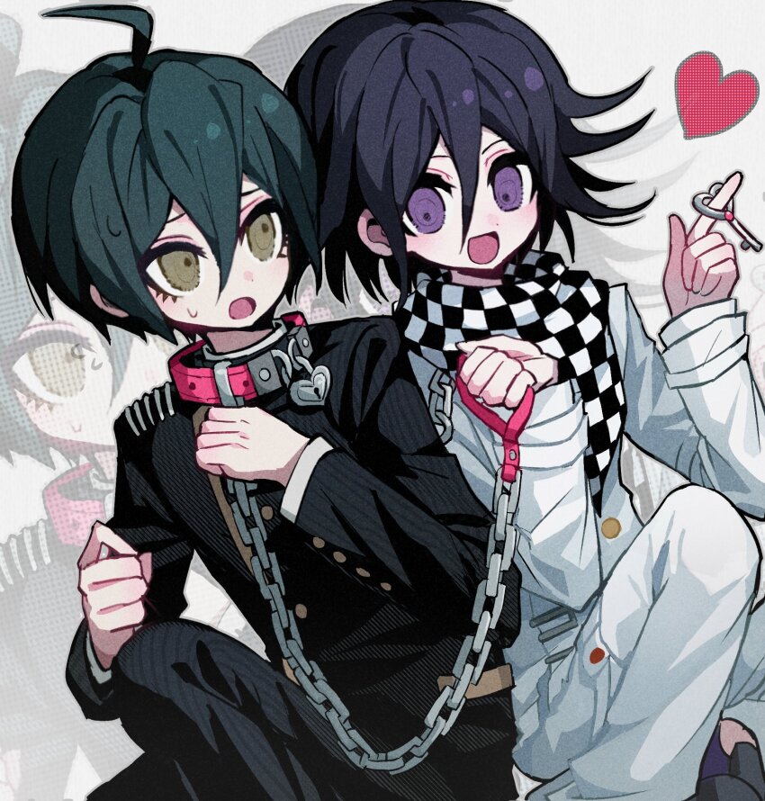 2boys ahoge black_hair black_jacket blush brown_eyes buttons checkered_clothes checkered_scarf collar collared_jacket commentary danganronpa_(series) danganronpa_v3:_killing_harmony flipped_hair hair_between_eyes heart highres holding holding_key holding_leash jacket key knee_up leash lock long_sleeves looking_at_viewer lower_eyelashes_only male_focus multicolored_buttons multiple_boys oma_kokichi open_mouth padlock padlocked_collar pants purple_eyes purple_hair ringed_eyes saihara_shuichi scarf short_hair simple_background sitting smile striped_clothes striped_jacket sweatdrop two-tone_scarf uz_(770653249d) yaoi