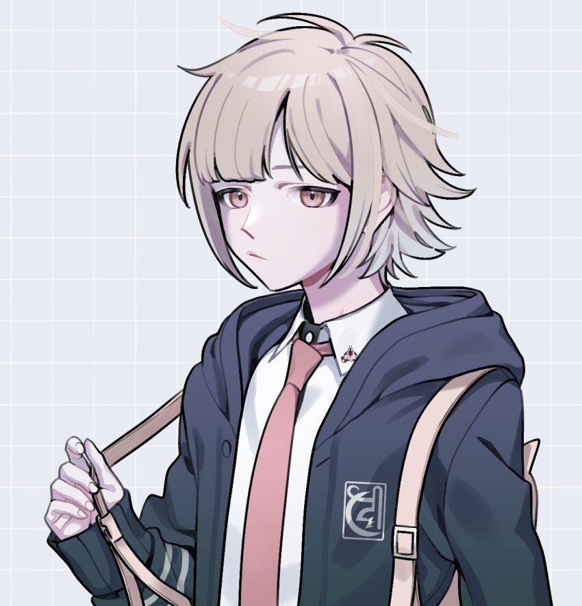 1boy animal_bag brown_hair cat_bag collared_shirt danganronpa_(series) danganronpa_2:_goodbye_despair dress_shirt galaga genderswap genderswap_(ftm) hand_up highres hood hooded_jacket jacket ling_yun_(amadare0803) long_sleeves male_focus nanami_chiaki necktie open_clothes open_jacket pale_skin pink_bag pink_eyes pink_necktie shirt short_hair simple_background solo spaceship_ornament two-tone_shirt white_shirt