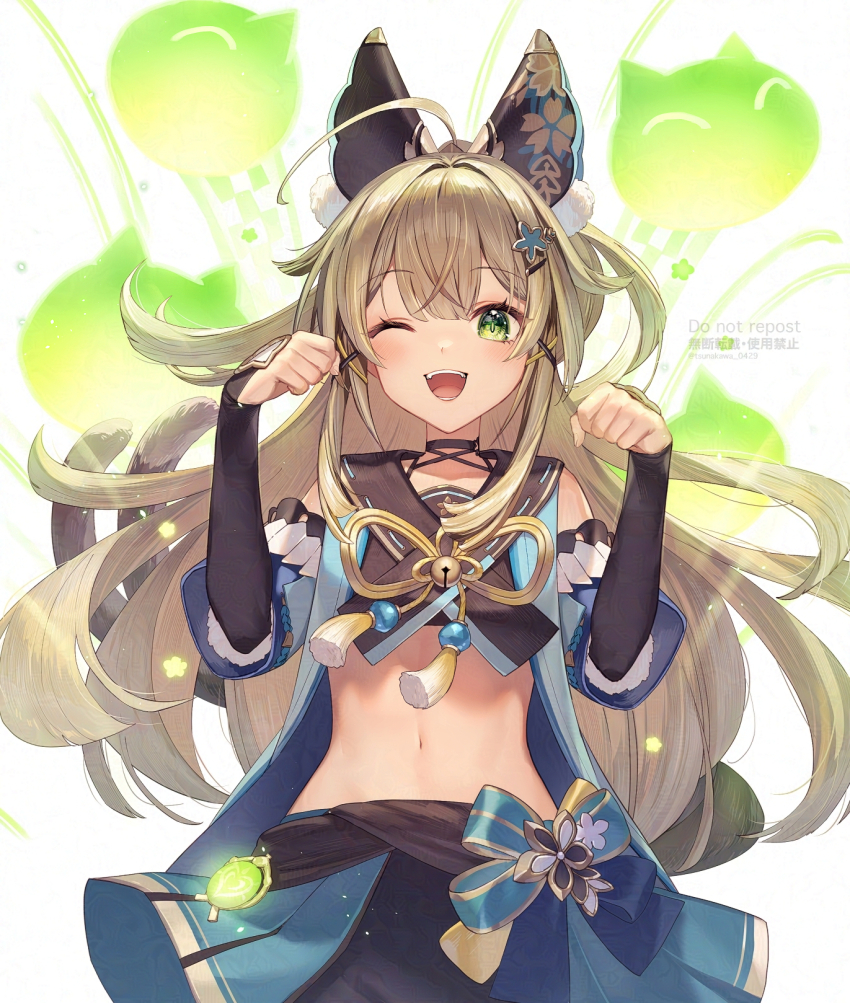 1girl ;d ahoge animal_ear_fluff animal_ears blue_skirt brown_hair cat_ears commentary_request cowboy_shot crop_top detached_sleeves genshin_impact green_eyes hands_up highres kirara_(genshin_impact) long_hair long_sleeves looking_at_viewer midriff navel one_eye_closed open_mouth paw_pose skirt smile solo stomach tsunakawa very_long_hair white_background