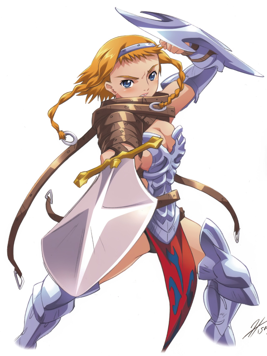 1girl absurdres armor blonde_hair boots braid breastplate buckle curvy hairband highres hisayuki_hirokazu leina_(queen&#039;s_blade) lips looking_at_viewer official_art queen&#039;s_blade revealing_clothes scan shield shiny_skin short_hair_with_long_locks side_braid slashing solo sword thong twin_braids weapon