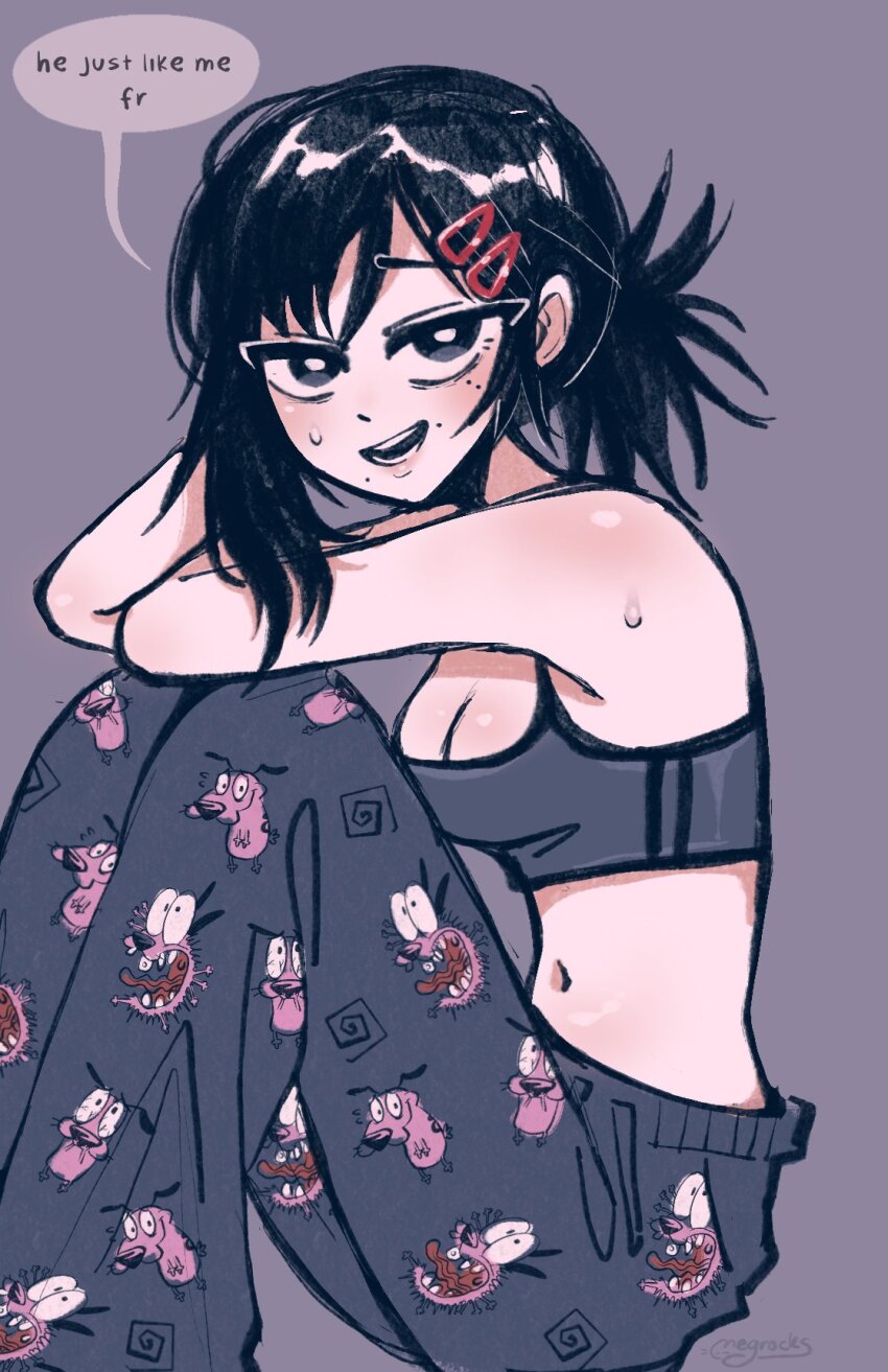1girl bra chainsaw_man character_print courage_(character) courage_the_cowardly_dog dog english_text grey_background hair_ornament hairclip higashiyama_kobeni highres looking_at_viewer megrocks mole navel open_mouth pajamas pants ponytail sitting solo speech_bubble spiral sports_bra sweat tagme underwear