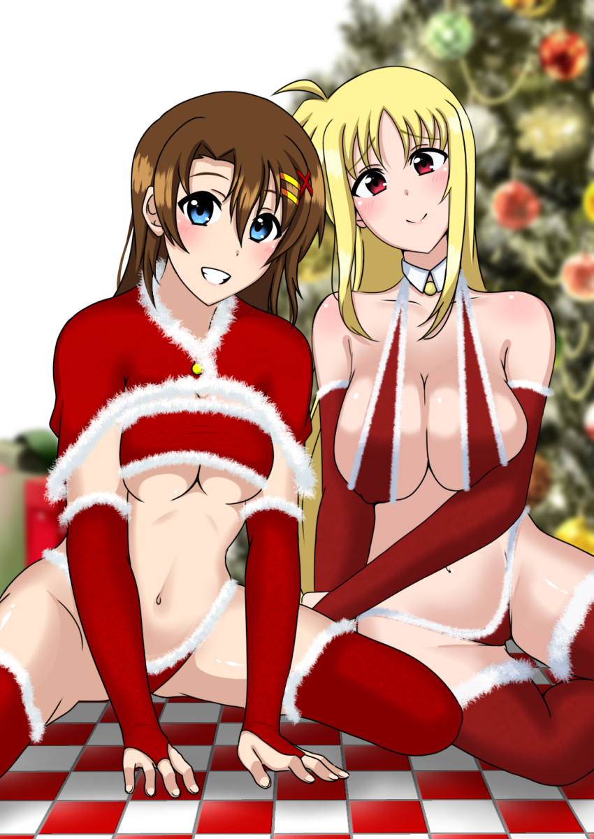 2girls blonde_hair blue_eyes blush breasts brown_hair christmas cleavage closed_mouth covered_erect_nipples elbow_gloves fate_testarossa gloves grin hair_ornament highres kunisaki-air large_breasts long_hair looking_at_viewer lyrical_nanoha mahou_shoujo_lyrical_nanoha_strikers multiple_girls navel red_eyes red_gloves red_thighhighs short_hair smile solo thighhighs underboob x_hair_ornament yagami_hayate