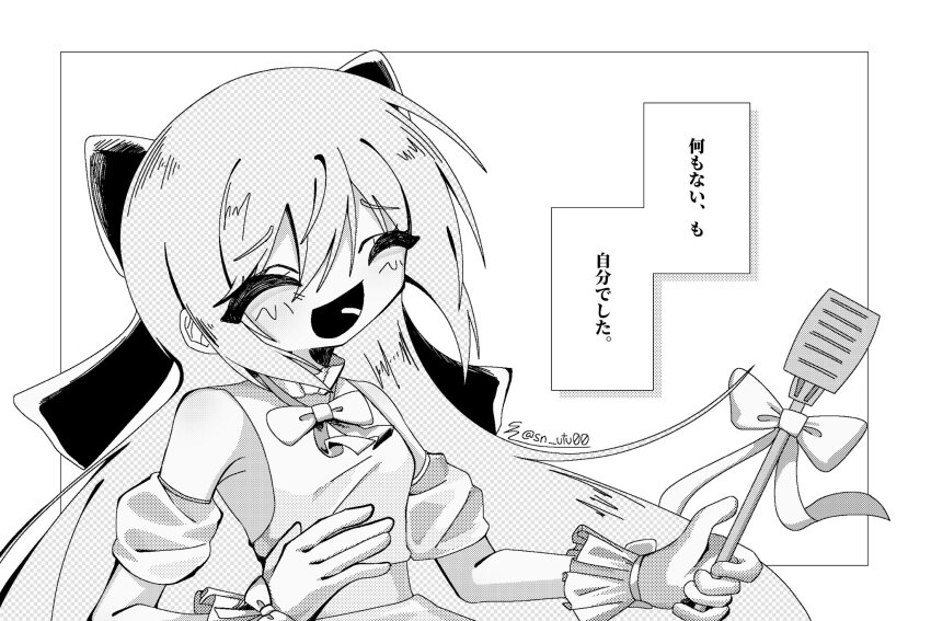 1girl ^_^ bare_shoulders bow bowtie closed_eyes detached_sleeves dress fake_transparency gloves greyscale hair_ribbon hashtag-only_commentary highres holding holding_microphone_stand iyowa_girls long_hair microphone_stand monochrome open_mouth puffy_short_sleeves puffy_sleeves ribbon short_sleeves signature sleeveless sleeveless_dress smile sn_(sn_utu00) solo translation_request twitter_username upper_body wasure_mono_(vocaloid) white_background