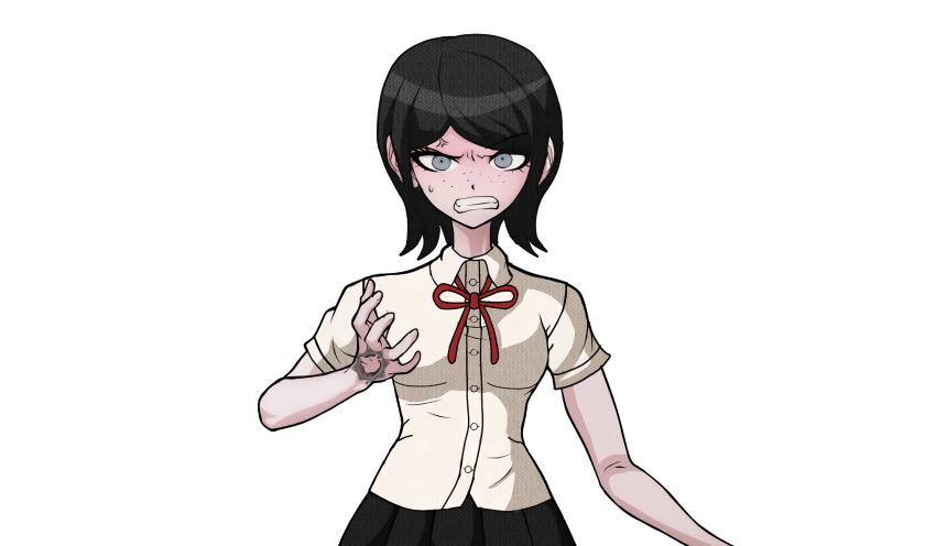 1girl absurdres anger_vein angry black_hair black_skirt blue_eyes bow danganronpa:_trigger_happy_havoc danganronpa_(series) drakidor female_focus freckles hand_tattoo highres ikusaba_mukuro neck_ribbon official_style open_mouth pleated_skirt red_bow red_ribbon ribbon shirt simple_background skirt solo solo_focus sweat sweatdrop tattoo tattoo_on_hand teeth third-party_edit transparent_background veins white_shirt xxgoldmadnessxx