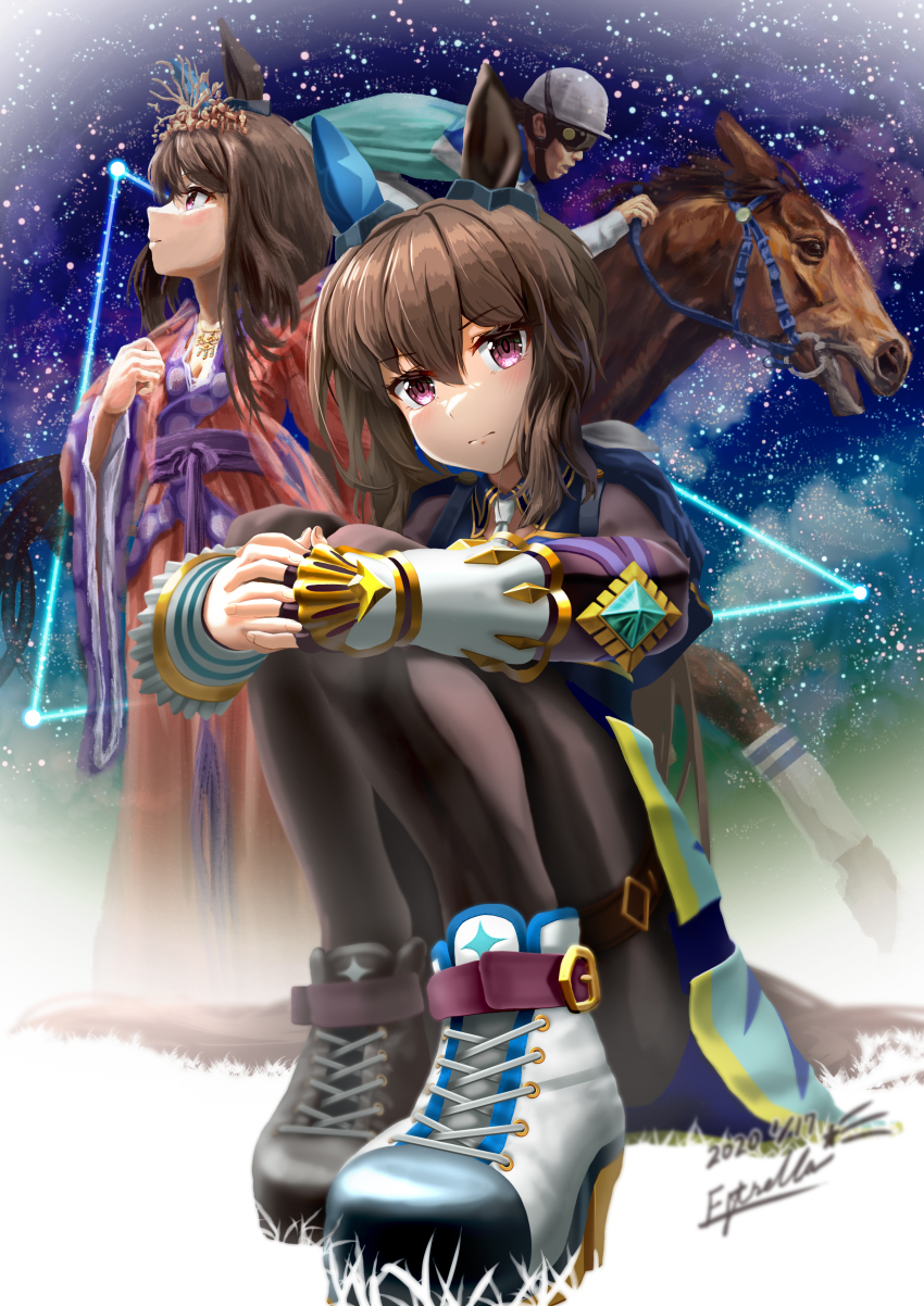 1boy 2girls absurdres admire_vega_(racehorse) admire_vega_(umamusume) altair_(star) animal_ears artist_name black_pantyhose blue_capelet bracer bridle brown_hair capelet commentary_request cosplay creature_and_personification dated deneb_(star) ear_covers ear_ornament estrella_(uypu4574) gem highres holding holding_reins horse horse_ears horse_girl japanese_clothes jockey kimono looking_at_viewer looking_up multiple_girls multiple_persona name_connection orihime_(cosplay) orihime_(tanabata) pantyhose personification purple_eyes real_life reins shoes signature single_ear_cover star_(symbol) star_symbol_background tail take_yutaka tanabata the_weaver_girl_and_the_cowherd tiara umamusume vega_(star) wide_sleeves
