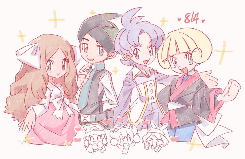 &gt;_&lt; 2boys 5girls :d :o anabel_(pokemon) bandana barry_(pokemon) black_hair black_shirt black_vest blonde_hair blue_eyes blue_pants blunt_bangs brown_hair caitlin_(pokemon) curtsey dawn_(pokemon) dress green_eyes greta_(pokemon) hat heart highres long_hair may_(pokemon) multiple_boys multiple_girls necktie nintendo open_mouth pants parted_bangs pokemon pokemon_dppt pokemon_emerald pokemon_platinum pokemon_rse purple_eyes purple_hair purple_pants purple_shirt shirt short_hair smile thorton_(pokemon) tora_(ctiger) vest white_shirt wide_sleeves