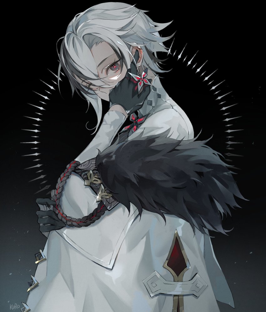 1girl absurdres arlecchino_(genshin_impact) black_eyes black_gloves black_hair earrings from_side fur_trim genshin_impact gloves hair_between_eyes highres jacket jewelry kamui_(kurohshiro1) long_sleeves looking_at_viewer looking_to_the_side multicolored_hair short_hair solo streaked_hair white_hair white_jacket