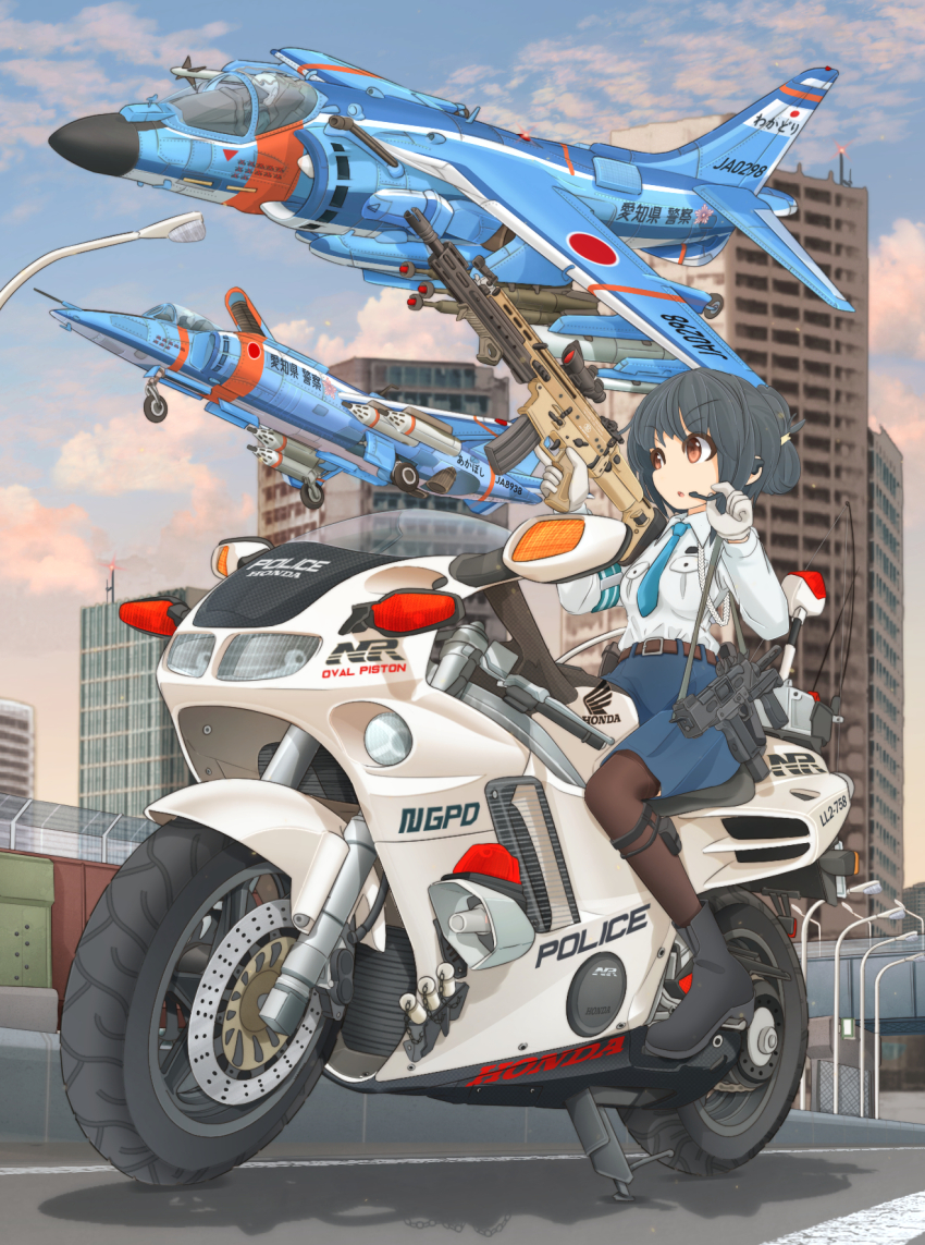 1girl 2others aiguillette aircraft airplane ankle_boots armband assault_rifle belt black_belt black_footwear black_hair black_thighhighs blue_neckwear blue_skirt blue_sky blurry blurry_background boots brown_eyes building cloud cloudy_sky commentary_request day depth_of_field dress_shirt english_text fighter_jet fn_scar gloves gun hawker_harrier headset highres honda honda_nr750 japan_national_police leg_strap logo looking_at_another machine_pistol medium_skirt mikeran_(mikelan) military military_vehicle minebea_pm-9 motor_vehicle motorcycle multiple_others necktie open_mouth original outdoors partial_commentary pilot police riding rifle roundel scope shadow shirt short_hair sitting skirt sky sport_bike submachine_gun thighhighs translated trigger_discipline vehicle_focus weapon white_gloves white_shirt wing_collar yak-38