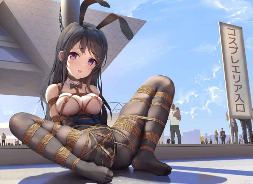 1girl anal anal_object_insertion animal_ears areola_slip bare_arms bare_shoulders bdsm black_bow black_hair black_leotard black_neckwear black_pantyhose blue_sky blush bondage bound bow bowtie breasts chain chained check_translation cleavage closed_mouth collarbone commentary_request crowd day detached_collar dildo dildo_under_clothes fake_animal_ears full_body hair_ornament hairclip highres himitsu_(hi_mi_tsu_2) leotard long_hair looking_at_viewer medium_breasts multiple_others nipples no_shoes object_insertion on_ground outdoors pantyhose playboy_bunny purple_eyes rabbit_ears sakurajima_mai seishun_buta_yarou sex_toy shibari sign sitting sky smile solo_focus strapless strapless_leotard thighband_pantyhose tokyo_big_sight translation_request vaginal vaginal_object_insertion very_long_hair