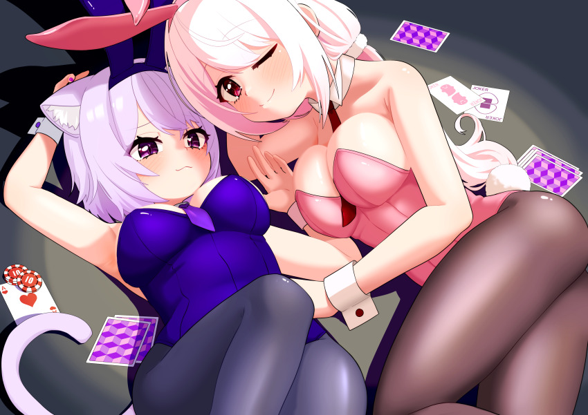 2girls :3 ;) animal_ear_fluff animal_ear_hairband animal_ears arm_up armpits bare_arms bare_shoulders between_breasts black_pantyhose blush breasts brown_pantyhose card cat_ears cat_girl commentary_request crossover detached_collar fake_animal_ears hairband happyundergate highres hololive large_breasts leotard long_hair looking_at_viewer lying multiple_girls nail_polish necktie necktie_between_breasts nekomata_okayu nijisanji on_back on_side one_eye_closed pantyhose pink_hairband pink_leotard playboy_bunny playing_card poker_chip purple_eyes purple_hair purple_hairband purple_leotard purple_nails purple_necktie rabbit_ears rabbit_tail red_eyes red_necktie shiina_yuika short_hair slit_pupils smile tail virtual_youtuber white_hair