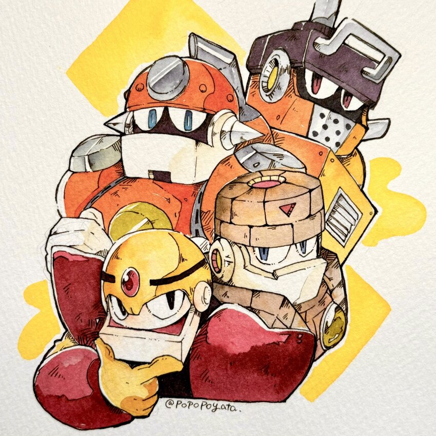 4boys black_eyes blue_eyes brick brown_helmet chest_jewel concrete_man core cropped_torso crossed_arms forehead_jewel gem hand_on_own_chin helmet highres impact_man looking_at_viewer male_focus mega_man_(classic) mega_man_(series) mega_man_1 mega_man_11 mega_man_5 mega_man_9 multiple_boys orange_helmet popopoyata red_eyes red_gemstone robot robot_ears spikes stone_man vent_(object) yellow_gemstone yellow_helmet